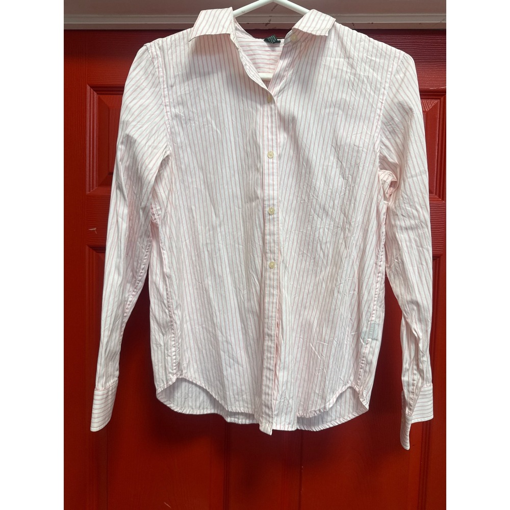 Lauren Ralph Lauren Pink White Striped Cotton Button Down Shirt Womens Medium